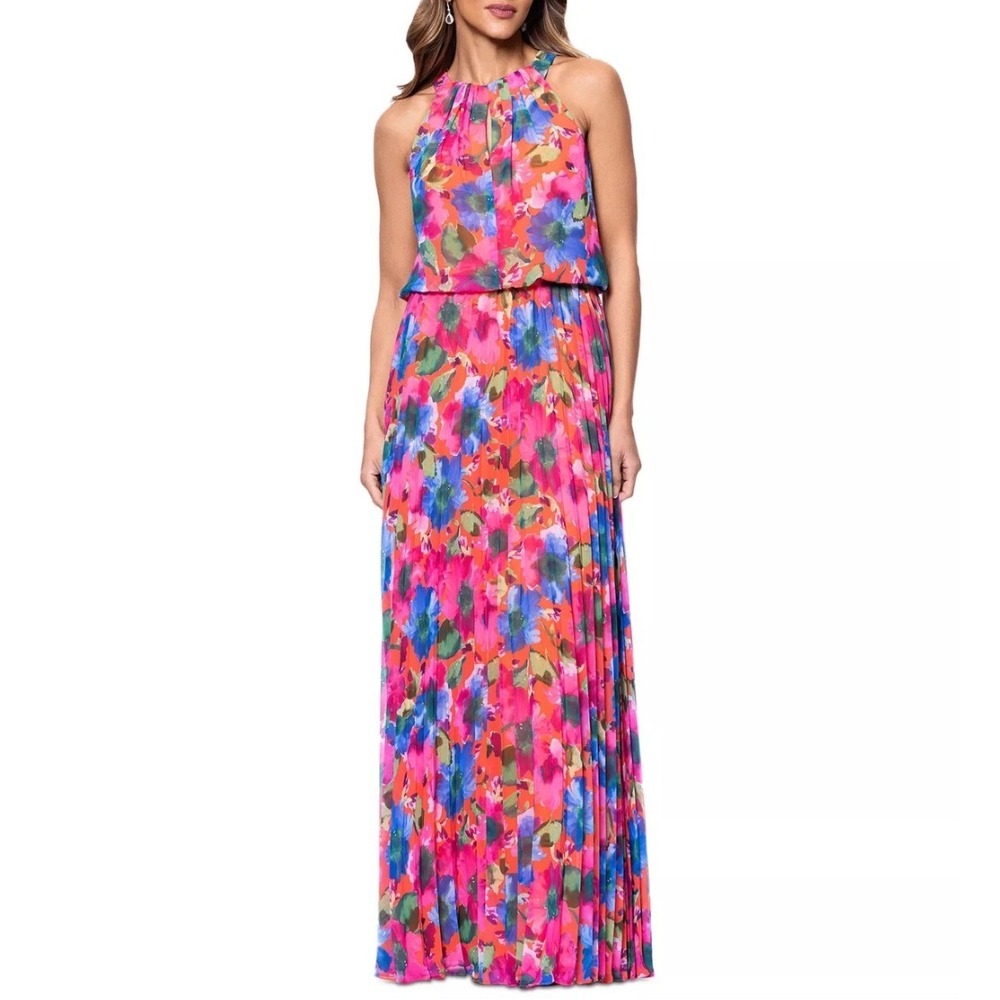 X by Xscape Maxi Dress Women 16 New Floral Pleated Halter XC319 MSRP $179